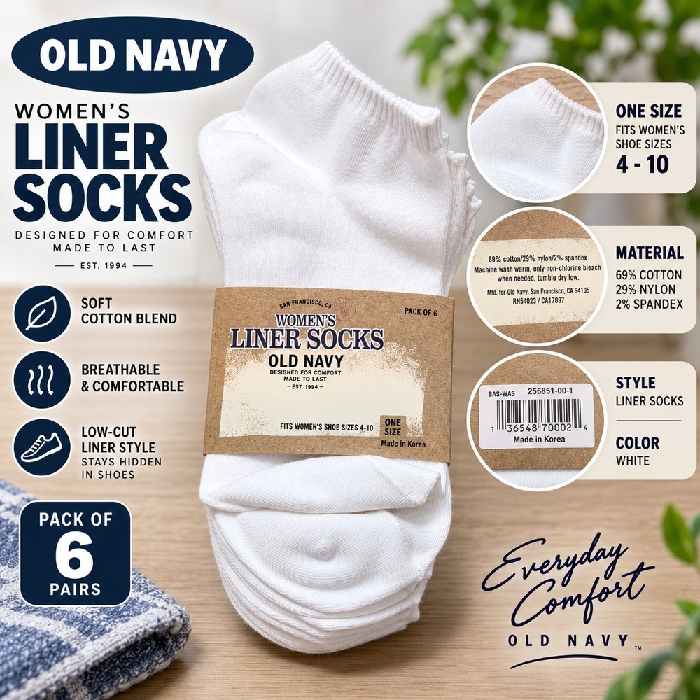 Old Navy Womens Liner Socks 6-Pack White Low Cut Cotton Blend 256851-00-1 OS